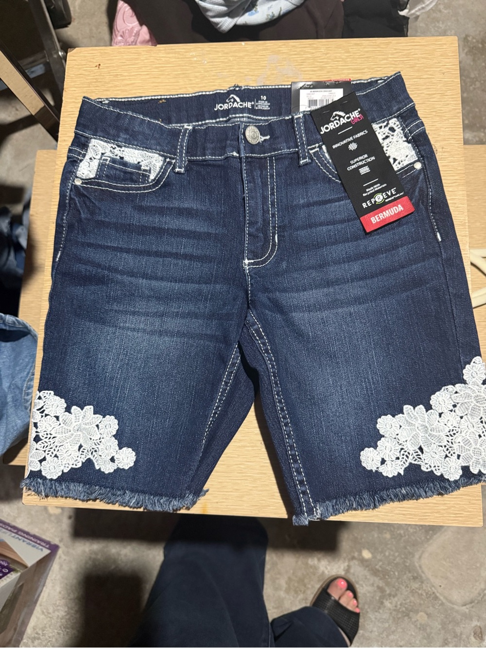 Jordache Dark Blue Denim Bermuda Shorts with White Lace Appliqué